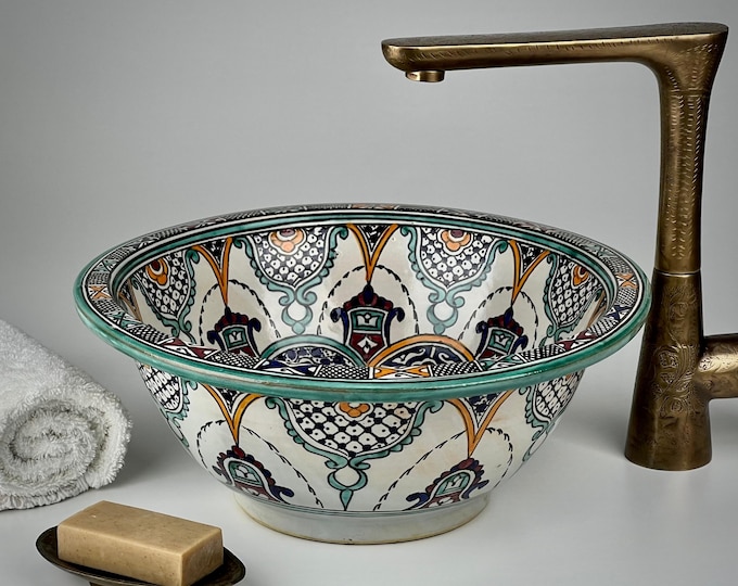 Moroccan Vanity Sink – Hand-Painted Ceramic Basin in Turquoise, Navy and Amber with Andalusian Motifs for Luxury Boho Bathroom Decor