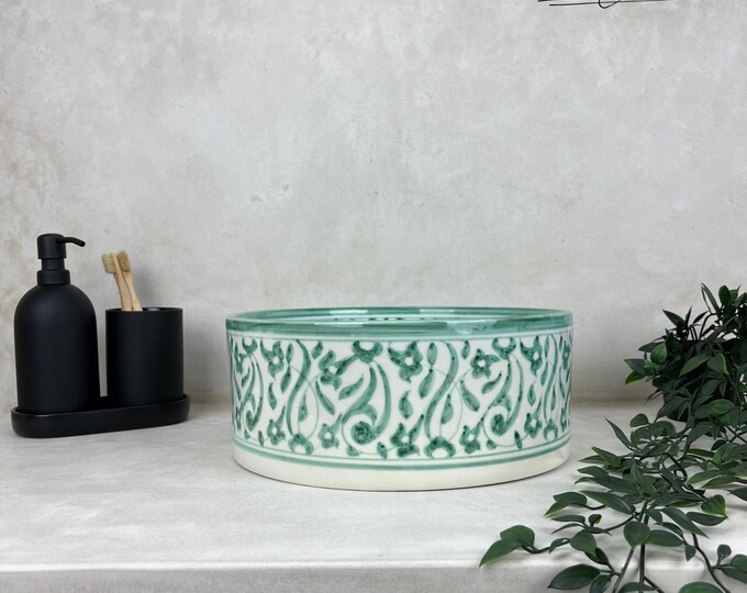 Moroccan Ceramic Sink – Hand-Painted Mint Green Bathroom Vessel Basin – Artisan Pottery Sink – Unique Round Washbasin – Boho Home Decor
