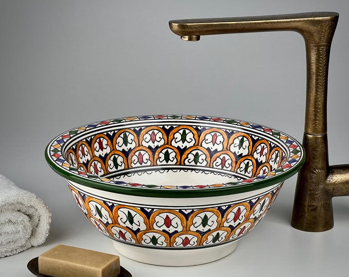 Colorful Moroccan Vessel Sink – Handmade Ceramic Vanity Basin with Andalusian Motifs for Boho & Mediterranean Bathroom Decor
