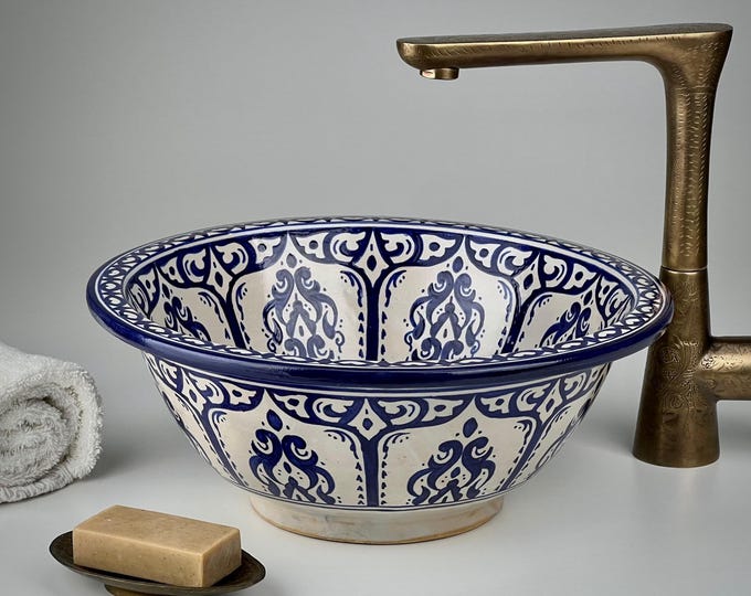 Moroccan Ceramic Vessel Sink – Indigo Blue Washbasin for Luxury Vanity | Handmade Bathroom Basin with Old Medina Zellige Charm