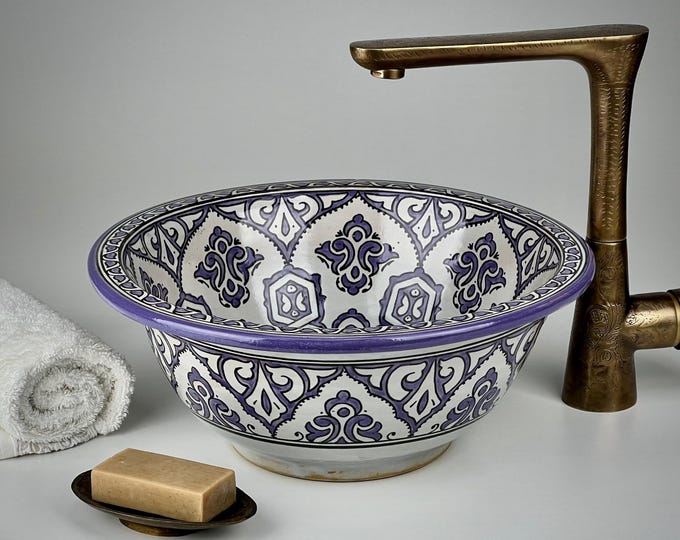Moroccan Vessel Sink – Hand-Painted Lavender Ceramic Vanity Bathroom Basin for Boho, Mediterranean, or Oriental Décor