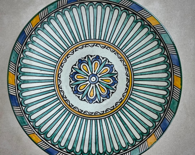 Handmade Moroccan Ceramic Plate – Green, Yellow & Blue Pottery Dish with Radiant Floral Design – Boho Tableware or Wall Art Decor
