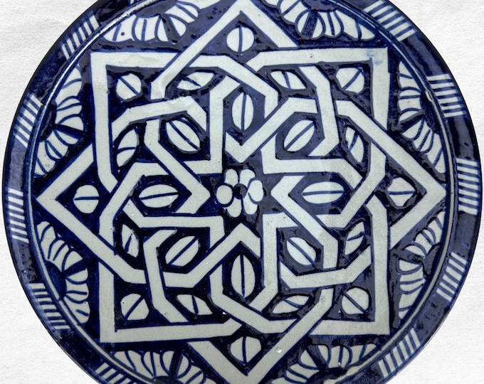 Moroccan Ceramic Plate - Hand-painted Blue & White Dish - Traditional Handmade Tableware - Decorative Boho Serving Platter or Wall Decor