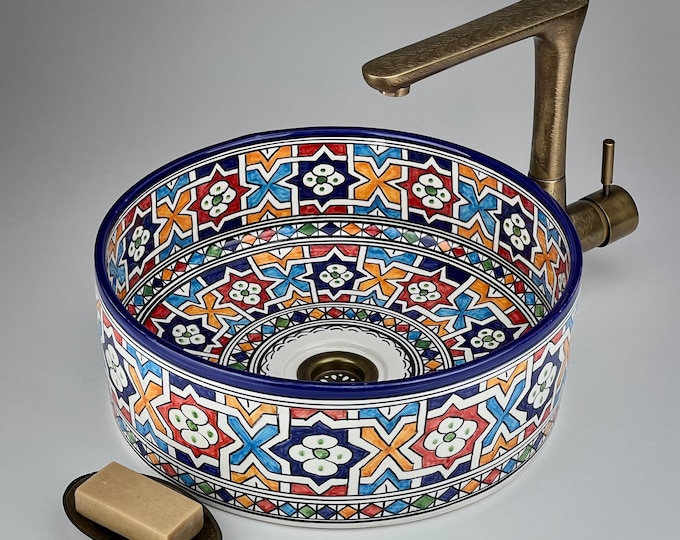 Hand-Painted Moroccan Vessel Sink: Multicolor Ceramic Washbasin with Geometric and Floral Zellige Designs for Bathroom Vanity Decor
