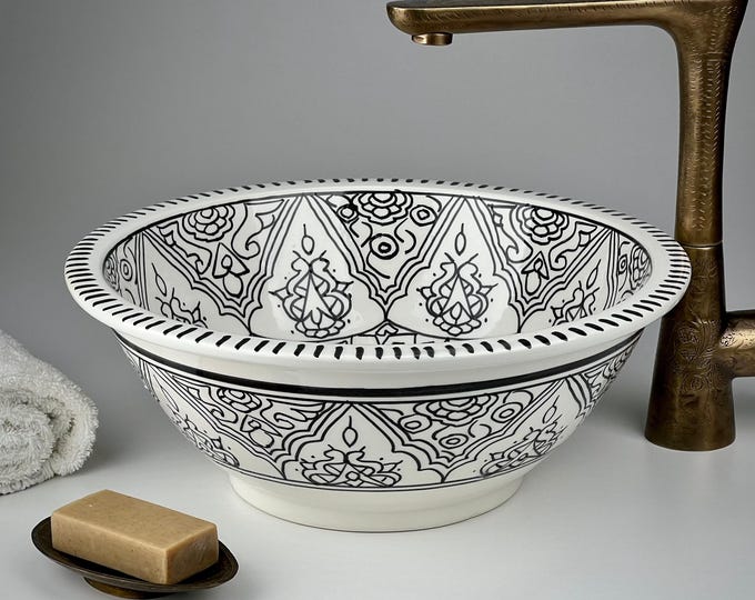 Black and White Moroccan Vessel Ceramic Sink – Hand-Painted Washbasin with Monochrome Pattern – Luxury Vanity Basin for Boho Bathroom Decor