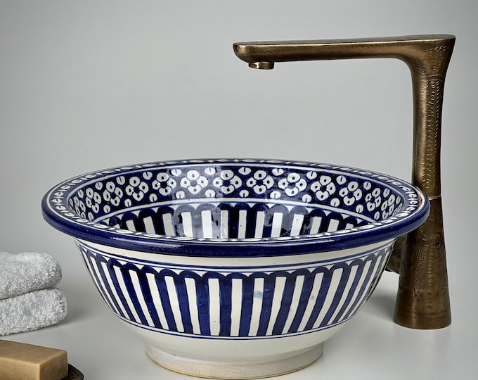 Moroccan Vessel Sink – Hand-Painted Navy Blue Ceramic Vanity Washbasin with Geometric Floral Pattern for Mediterranean Bathroom Décor