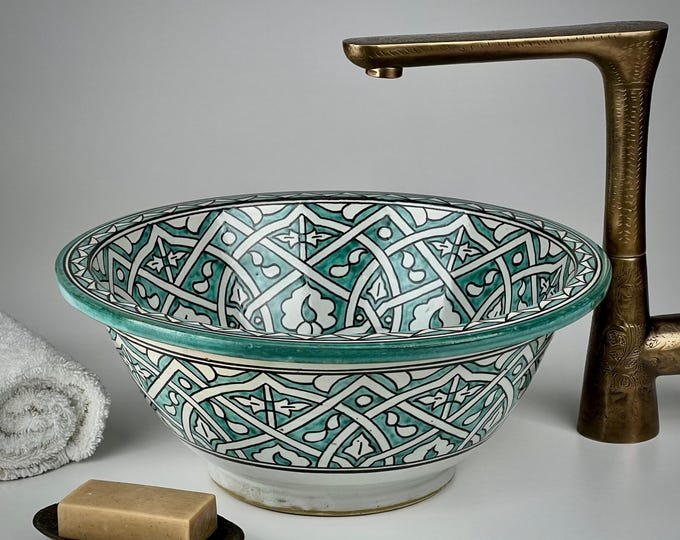Moroccan Vessel Sink – Interlaced Green Ceramic Basin with Moorish Pattern for Luxe Vanity and Andalusian Bathroom Design