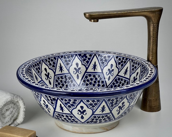 Blue Moroccan Ceramic Sink – Hand-Painted Bathroom Vessel Basin for Vanity – Round Geometric Washbasin