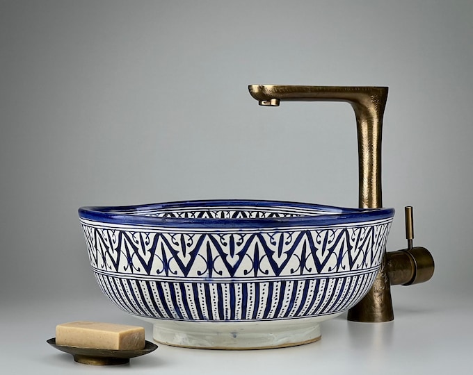 Blue and White Moroccan  Vessel Sink – Hand-Painted Ceramic Flat Back Basin for Bathroom Vanity
