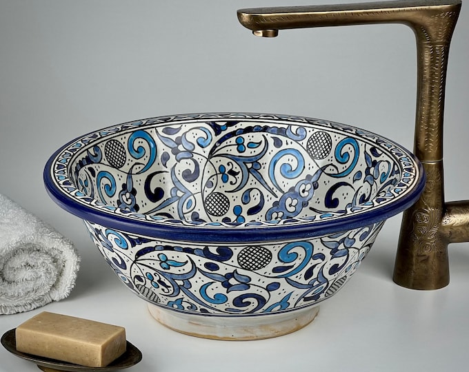 Moroccan Vessel Sink – Intricate Hand-Painted Ceramic Vanity Sink with Scrollwork Pattern for Elegant and Eclectic Bathroom Design