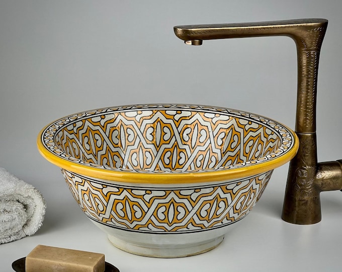 Yellow Moroccan Vessel Sink – Hand-Painted Ceramic Washbasin for Boho or Mediterranean Bathroom Vanity