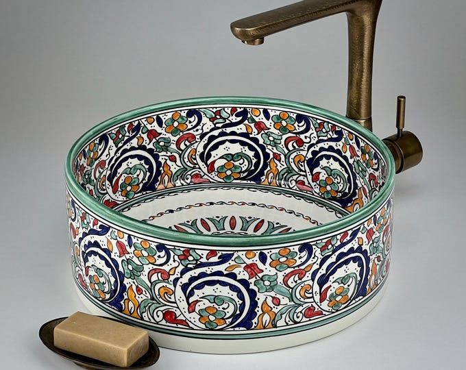 Colorful Moroccan Ceramic Sink – Hand-Painted Round Art Basin for Boho Vanity or Eclectic Bathroom – Unique Countertop Vessel Bowl from Fez
