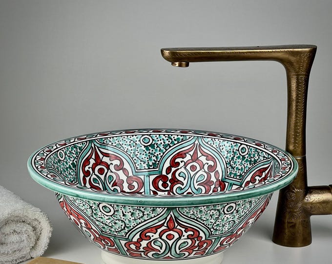 Moroccan Vessel Sink – Hand-Painted Ceramic Washbasin in Green and Deep Red for Artistic Vanity and Boho Bathroom