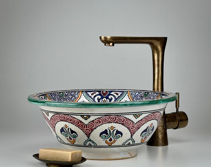 Hand-Painted Moroccan Ceramic Vessel Sink: Floral Boho Bathroom Decor