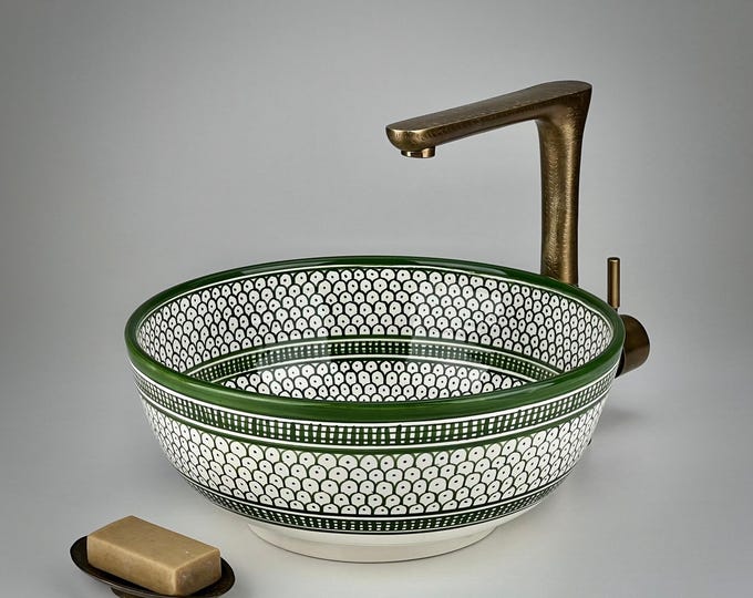 Green Moroccan Ceramic Vessel Sink: Hand-Painted Washbasin with Repeated Geometric Zellige Design for Mediterranean Bathroom Vanity