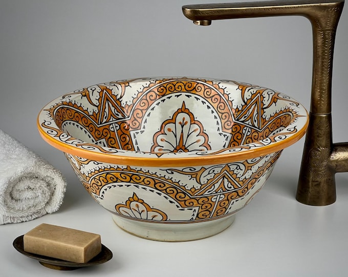 Moroccan Vessel Sink – Hand-Painted Orange Ceramic Basin with Arabesque Motifs for Boho Chic Vanity and Warm Bathroom Décor
