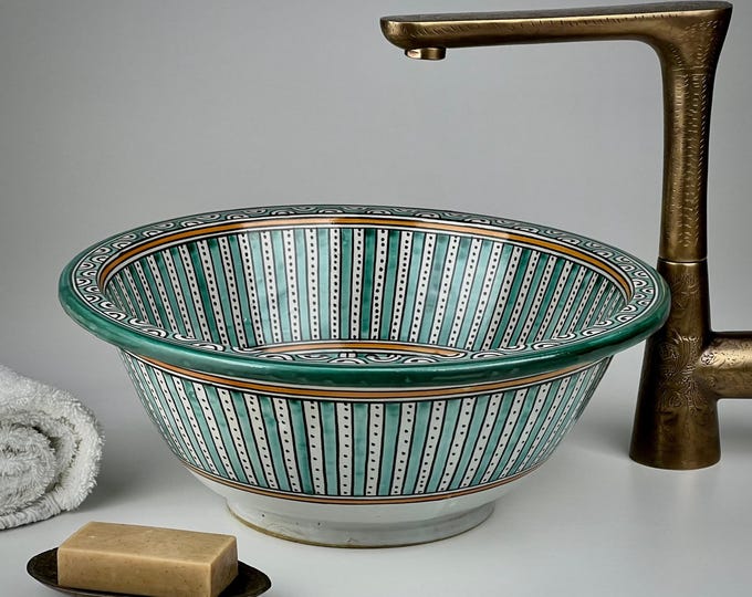 Moroccan Bathroom Vanity Sink – Hand-Painted Ceramic Vessel Basin – Round Countertop Washbasin For Luxury Oriental Interior