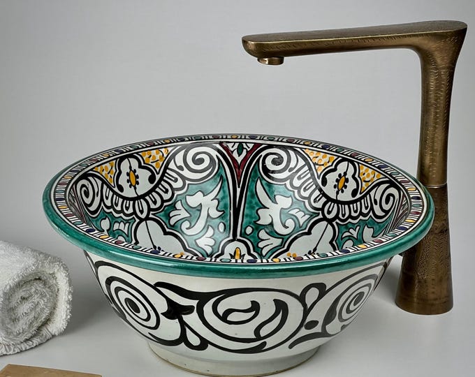 Moroccan Vessel Sink – Hand-Painted Ceramic Washbasin with Floral Arabesques for Artistic Boho Vanity Bathroom
