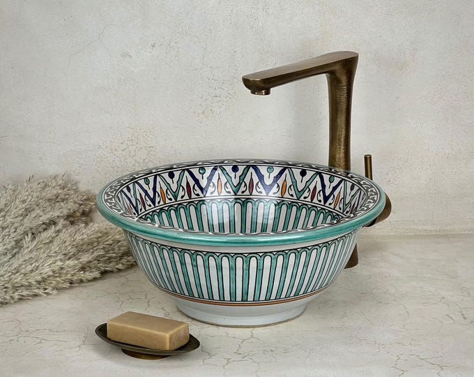 Green Moroccan Ceramic Sink: Hand-Painted Round Vessel Basin with Radiant Geometric Motifs for Bathroom Vanity Decor