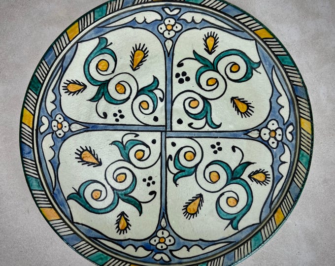 Moroccan Pottery Plate – Traditional Blue, Green & Yellow Ceramic Dish for Kitchen, Wall or Vintage Table Setting
