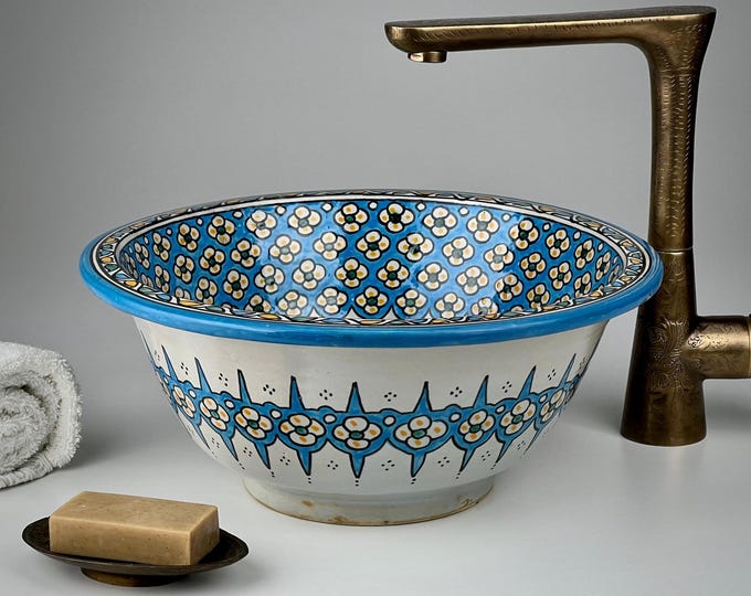Handmade Moroccan Sink – Vibrant Moorish Multicolor Washbasin – Andalusian Geometric Bathroom Vanity – Luxury Hand-Painted Vessel Basin
