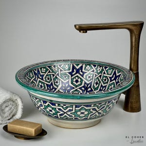 Moroccan Vessel Sink | An Artisan Zellige Basin, Hand-Painted in Blue and Green