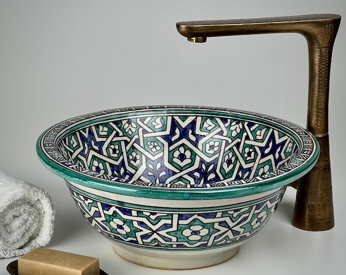 Moroccan Vessel Sink – Hand-Painted Ceramic Washbasin in Blue and Green for Boho Chic or Luxury Bathroom Vanity
