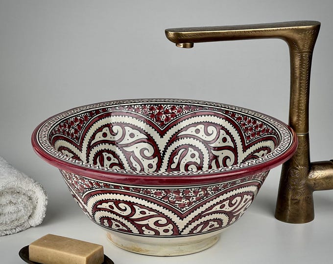 Moroccan Ceramic Sink – Burgundy Pottery Basin with Bold Berber Swirls for Eclectic Vanity and Artistic Bathroom Style