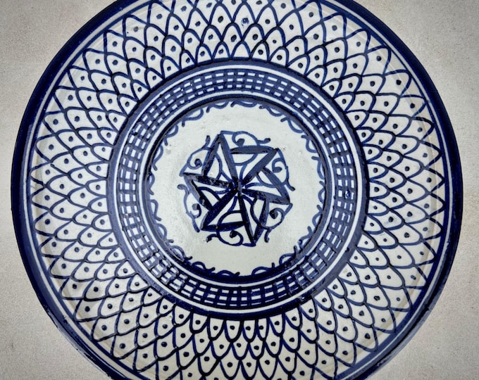 Handmade Moroccan Blue and White Ceramic Plate – Fez Pottery Dish with Geometric Star and Scale Motifs – Artisan Wall Decor and Tableware