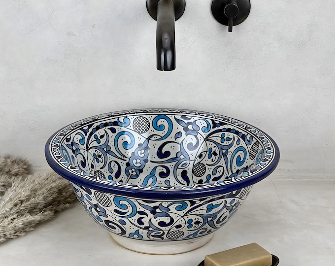 Blue Moroccan Vessel Sink | The Midnight Whirl of Fassi Ink and Andalusian Bloom