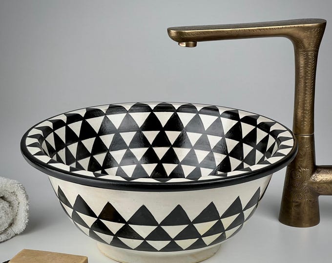 Black and White Moroccan Vessel Sink – Hand-Painted Ceramic Washbasin with Geometric Design for a Luxury Boho or Modern Vanity