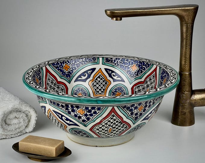 Multicolor Moroccan Vessel Sink – Handmade Ceramic Vanity Basin with Arabesque Mosaic for Boho Chic or Luxury Bathroom Decor