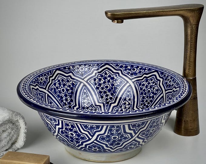 Moroccan Ceramic Sink – Hand Painted Round Bathroom Basin – Countertop Vanity Washbasin – Blue Pottery Washbowl – Powder room Sink