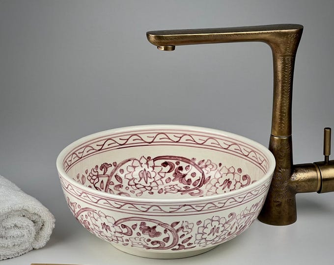 Hand-Painted Burgundy Moroccan Vessel Sink: Floral Ceramic Washbasin