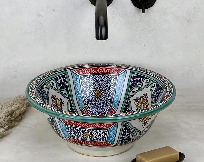 Colorful Ceramic Basin | A Radiant Patchwork of Hand-Painted Zellige Fragments