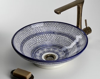 Moroccan Vanity Sink | A Meticulous Berber Basin, Hand-Painted in Blue and White