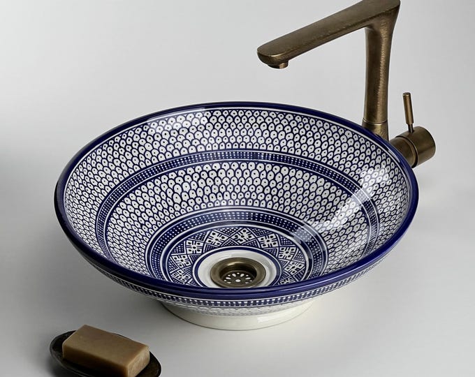Moroccan Ceramic Vessel Sink in Blue and White: Handcrafted Low Profile Basin with Intricate Zellige Patterns for Bathroom Decor