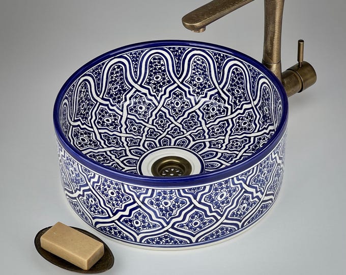 Blue and White Moroccan Ceramic Sink: Handcrafted Round Vessel Basin with Geometric Zellige Pattern for Bathroom Vanity