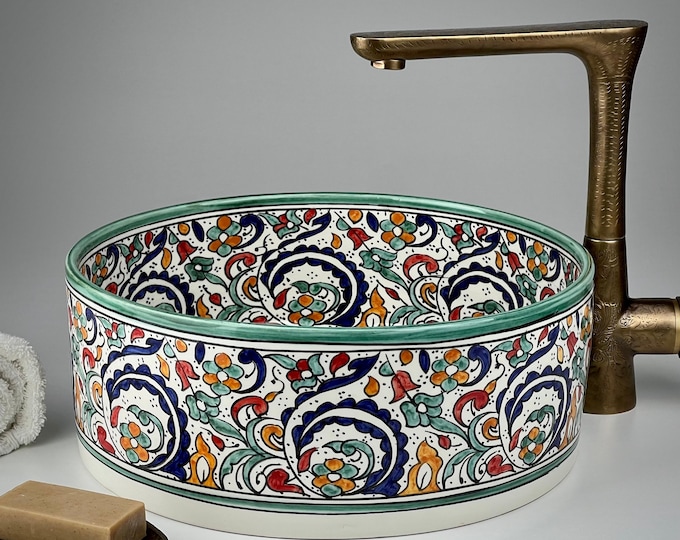 Colorful Moroccan Sink – Hand-Painted Multicolor Vessel Basin for Artistic Bathroom Design – Round Ceramic Washbasin for Bold Interior Decor