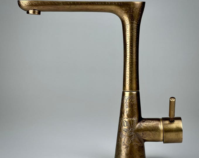 Moroccan Brass Faucet – Hand-Engraved Vanity Tap in Raw Brass for Boho, Mediterranean, or Luxury Bathroom Decor