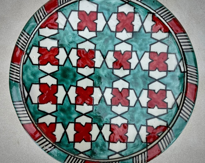 Handcrafted Moroccan Plate – Colorful Red and Green Ceramic Dish for Oriental Dining, Kitchen Styling or Hanging Decor