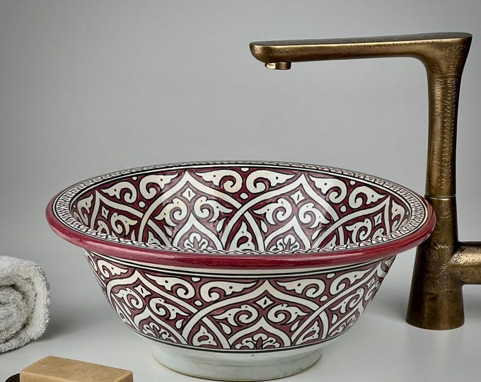 Hand-Painted Moroccan Vessel Sink – Burgundy Ceramic Washbasin with Moorish Arabesques for a Refined Vanity and Luxury Bathroom Decor