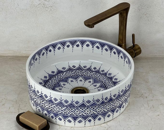 Blue and White Moroccan Ceramic Sink: Hand-Painted Round Vessel Basin with Geometric Motifs Inspired by Fassi Embroidery