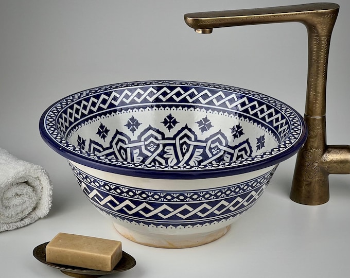 Moroccan Sink – Handcrafted Round Basin with Blue and white Geometric Motifs – Traditional Vessel Sink for Elegant Bathrooms