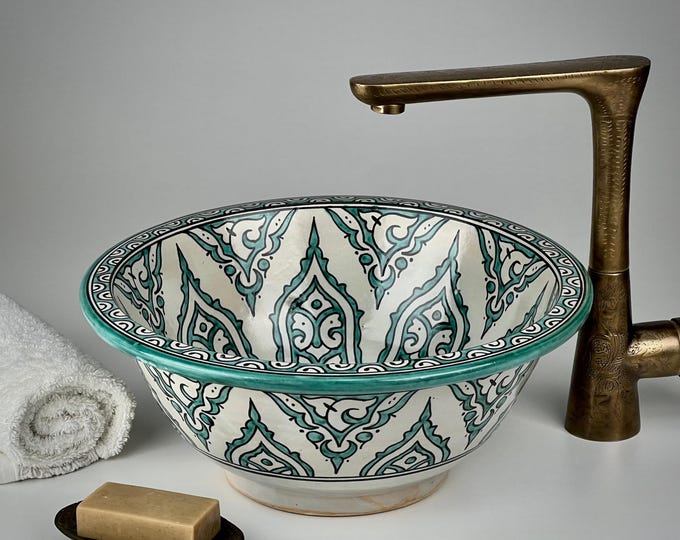 Green Moroccan Vessel Sink – Handmade Ceramic Washbasin with Geometric Star Design for Luxury Vanity and Boho Bathroom