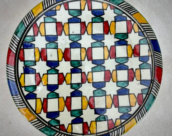 Handmade Moroccan Ceramic Plate – Multicolor Geometric Design with Star Pattern, Artisan Wall or Table Decor for Boho or Mediterranean Home