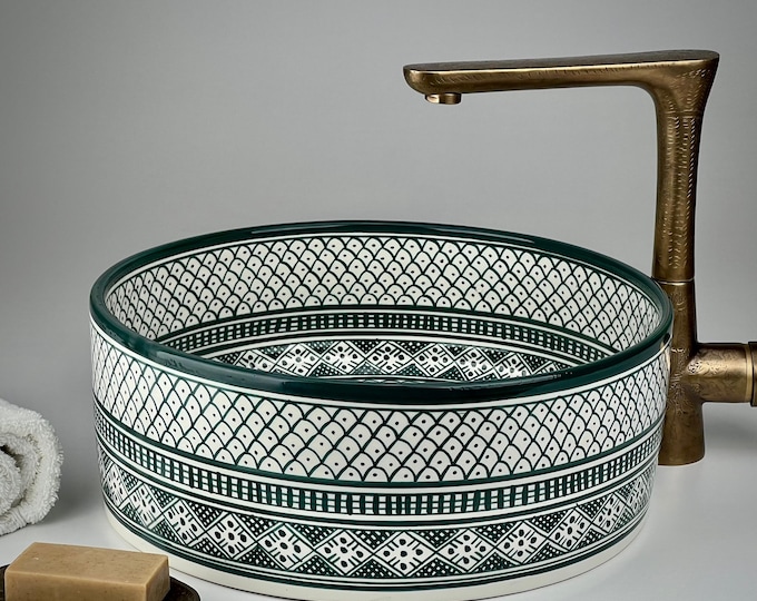 Moroccan Sink – Deep Green & White Ceramic Vessel Basin – Hand Painted Pottery – Artisan Bathroom Vanity Countertop Decor