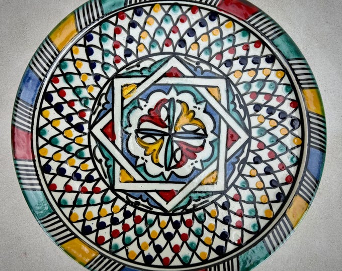 Moroccan Ceramic Plate – Hand-Painted Zellige Pattern in Vibrant Red, Yellow, Blue & Green for Boho Kitchen, Dining or Wall Art Decor