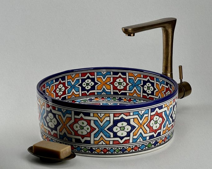 Hand-Painted Moroccan Vessel Sink: Multicolor Ceramic Washbasin with Geometric and Floral Zellige Designs for Bathroom Vanity Decor