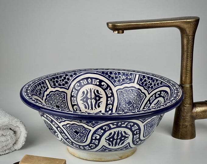 Blue Moroccan Vessel Sink – Hand-Painted Ceramic Washbasin with Calligraphic Motifs for Luxury or Boho Bathroom Vanity